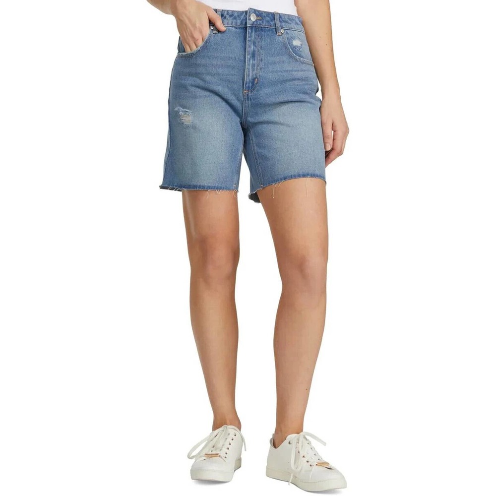 New Numero Womans Sz 27 High Rise Denim Shorts‎ Blue Distressed NWT